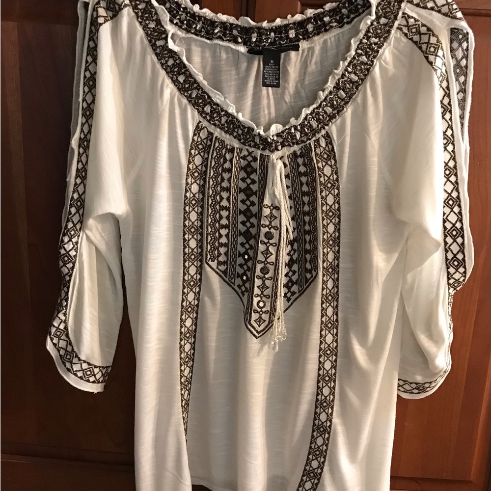 INC brand ladies top with brown design and mirror accents